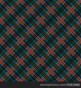 Diagonal seamless vector pattern as a tartan plaid in dark green and blue colors with black and beige lines