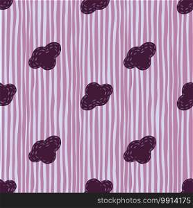 Diagonal simple sky ornament seamless doodle pattern with purple clouds shapes. Striped background. Decorative backdrop for fabric design, textile print, wrapping, cover. Vector illustration.. Diagonal simple sky ornament seamless doodle pattern with purple clouds shapes. Striped background.