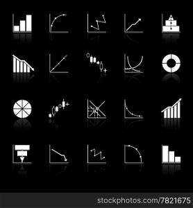 Diagram and graph icons with reflect on black background, stock vector
