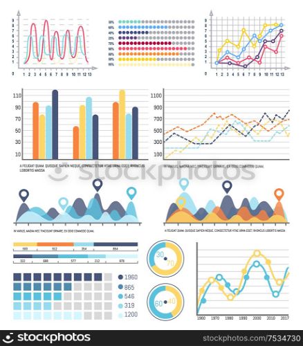 Diagram and infographics with segments and explanation vector. Scheme with design, presentation with visualized business concepts. Statistics design. Diagram and Infographics with Segments Explanation
