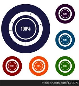 Diagram pie chart icons set in flat circle reb, blue and green color for web. Diagram pie chart icons set