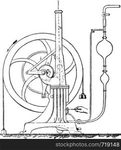 Diagram showing the details of the mechanism and the accessories of Bisschop engine installation, vintage engraved illustration. Industrial encyclopedia E.-O. Lami - 1875.