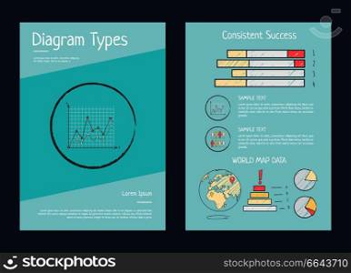 Diagram types presentation with bar and pie charts and line graphs demonstrating statistics. Vector illustration with data on turquoise background. Daigram Types Presentation Vector Illustration