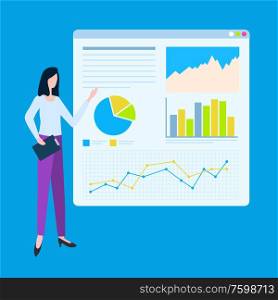 Diagrams and charts information vector, woman pointing on info and detailed explanation of project, presenter with clipboard notes in hands flat style. Woman Giving Presentation Board with Charts Set