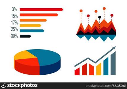 Diagrams and graphics of different colors, with numbers and percents, circular and those showing growth of car emissions vector illustration. Diagrams and Graphics Vector Illustration on White