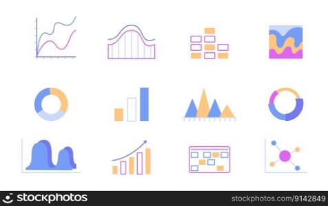 Diagrams, charts and graphs semi flat color vector icons bundle. Editable images. Full sized elements on white. Simple cartoon style spot illustrations pack for web graphic design and animation. Diagrams, charts and graphs semi flat color vector icons bundle