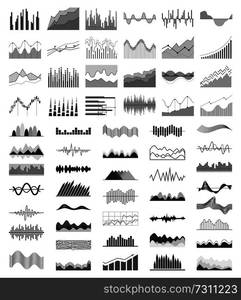 Diagrams collection silhouettes, banner and business diagrams, financial charts and graphics, set vector illustration isolated on white background. Diagrams Collection Silhouette Vector Illustration