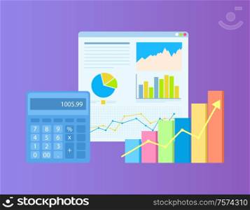 Diagrams on board, growth statistics on table and rising up arrow on colorful diagram, blue calculator. Calculations and financial analysis on chart vector. Diagrams on Board, Diagram and Calculator Vector