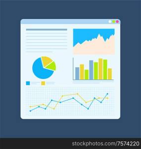 Diagrams on board, growth statistics on table. Monitor with graphs and chart. Slide of working progress vector analytical financial analysis and statements. Flat Diagrams on Board, Growth Statistics Vector