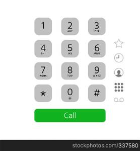 Dial keypad. Touchscreen phone number keyboard interface inspired by apple iphone ios dialer. Digital pad calling numbers, touchscreen keypad or smartphone screen flat vector illustration. Dial keypad. Touchscreen phone number keyboard interface inspired by apple iphone ios dialer flat vector illustration