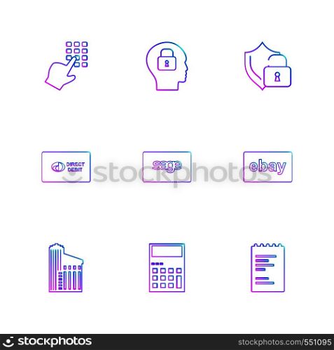 dial pad ,lock , mind, protected , direct , sage ,ebay ,document , building ,calculator , icon, vector, design, flat, collection, style, creative, icons
