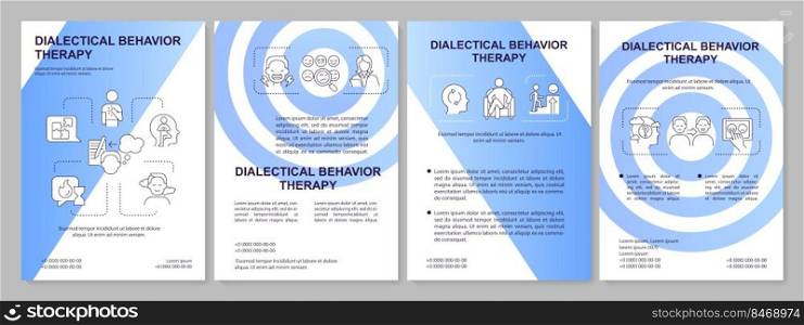 Dialectical behavior therapy blue brochure template. Leaflet design with linear icons. Editable 4 vector layouts for presentation, annual reports. Arial-Black, Myriad Pro-Regular fonts used. Dialectical behavior therapy blue brochure template
