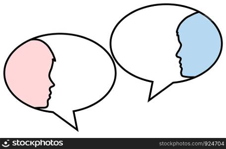 Dialog - speech bubbles with two faces man and woman, stock vector illustration