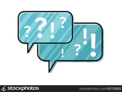 Dialog Windows Icon. Blue dialog windows with exclamation and question marks. Dialog icon. Chat icon. Online communication element. Design element, sign, symbol, icon in flat. Isolated object on white background