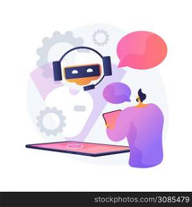 Dialog with chatbot. Artificial intelligence reply to question. Tech support, instant messaging, hotline operator. AI assistant. Client bot consultant. Vector isolated concept metaphor illustration.. Dialog with chatbot vector concept metaphor