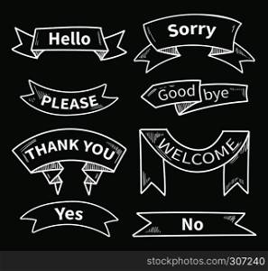 Dialog words on ribbons. Short phrases. Thank you and hello, please and yes, sorry and welcome. Ribbon sticker thank you on chalkboard. Vector illustration. Dialog words on ribbons. Short phrases. Thank you, hello, please, yes, no, sorry, welcome