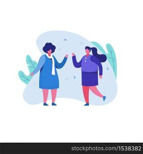 Dialogue and meeting of two women in cartoon style. Conversation character women outdoors, dialogue and greeting in a caricature.. Dialogue and meeting of two women in cartoon style.