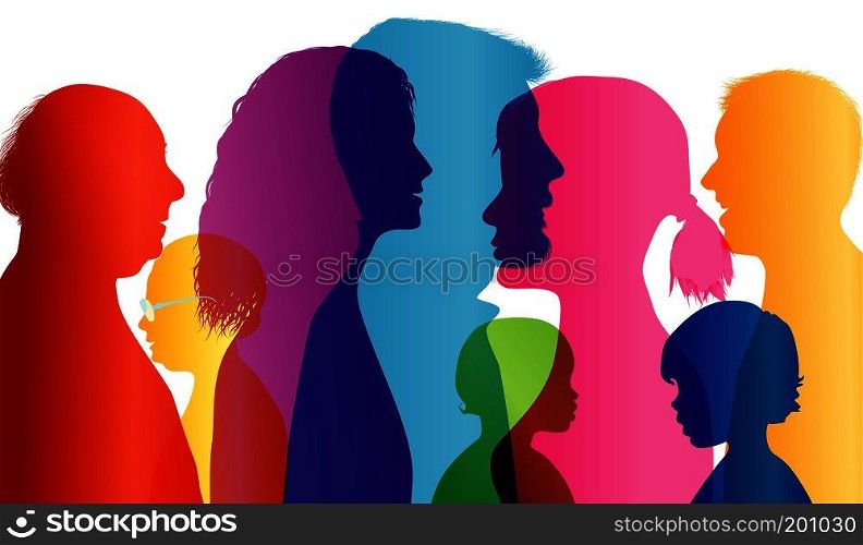 Dialogue between people of different ages. Talking crowd. Colored silhouette profiles. Comparison of people. Vector Multiple exposure