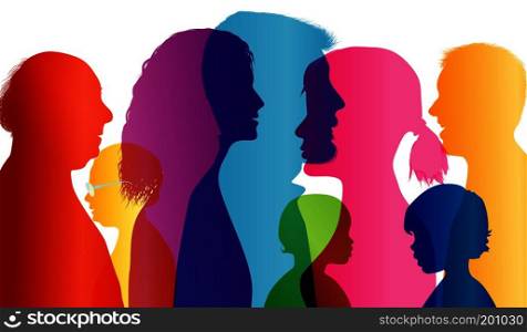 Dialogue between people of different ages. Talking crowd. Colored silhouette profiles. Comparison of people. Vector Multiple exposure