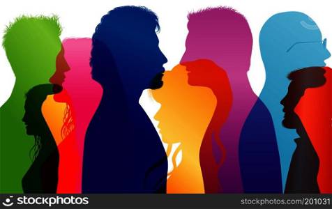 Dialogue between students. Young people talking. Colored silhouette profiles. Crowd of young people talking. Vector Multiple exposure
