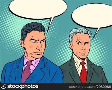 dialogue between two businessmen, negotiations, communication, meeting of business partners. Pop Art Retro Vector Illustration 50s 60s Kitsch Vintage Style. dialogue between two businessmen, negotiations, communication, meeting of business partners
