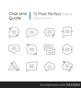 Dialogue box pixel perfect linear icons set. Blank speech clouds various shapes. Empty textbox. Customizable thin line contour symbols. Isolated vector outline illustrations. Editable stroke. Dialogue box pixel perfect linear icons set