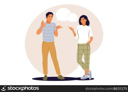 Dialogue concept. Man and woman talking with speech bubbles. Vector illustration. Flat.
