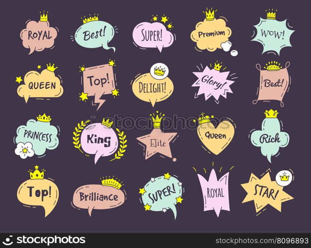 Dialogue graphic shapes. Luxury comic bubbles queen or princess crowns and diadem recent vector templates of bubble graphic to speech message illustration. Dialogue graphic shapes. Luxury comic bubbles queen or princess crowns and diadem recent vector templates
