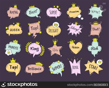 Dialogue graphic shapes. Luxury comic bubbles queen or princess crowns and diadem recent vector templates of bubble graphic to speech message illustration. Dialogue graphic shapes. Luxury comic bubbles queen or princess crowns and diadem recent vector templates