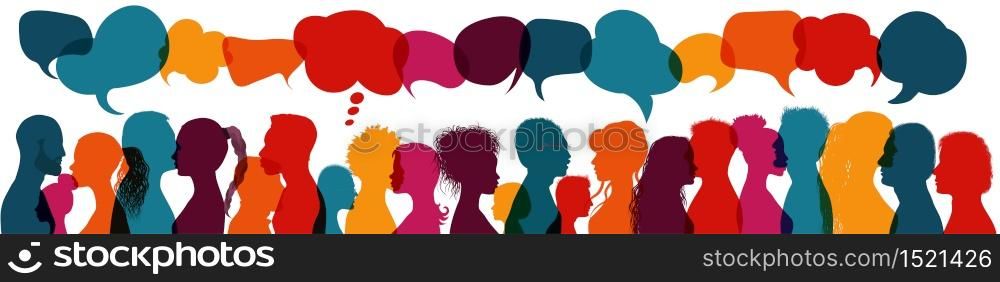 Dialogue group of diverse multiethnic multicultural people. Talking and share ideas. Communication concept. Crowd talking. Silhouette heads diversity people in profile. Speech bubble
