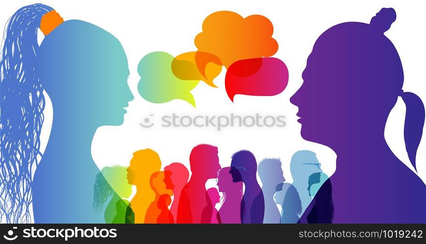 Dialogue group of diverse people. Communication between people. Crowd talking. Silhouette profiles. Rainbow colours. Speech bubble.Dialogue different cultures. Interview