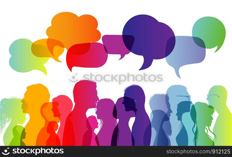 Dialogue group of diverse people. Communication between people. Crowd talking. Silhouette profiles. Rainbow colours. Speech bubble