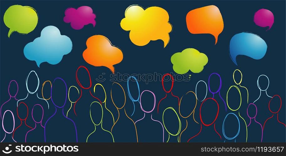 Dialogue group of many multiethnic and multicultural people. Crowd talking. Communication sharing and exchange of ideas between people. Color speech bubble. Social network. Community
