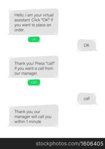 Dialogue with chat bot in web application. Communication with virtual assistant and request for help online vector messenger.. Dialogue with chat bot in web application. Communication with virtual assistant and request for help.