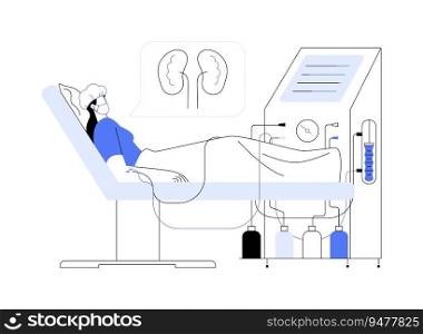 Dialysis for kidney failure abstract concept vector illustration. Woman has dialysis procedure in hospital, medical examination and treatment, kidney care, nephrology sector abstract metaphor.. Dialysis for kidney failure abstract concept vector illustration.