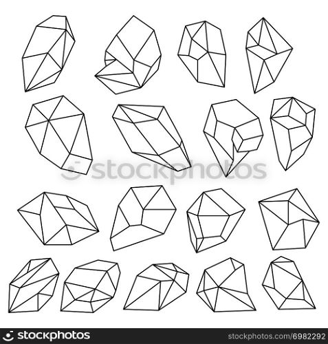 Diamond 3d shapes. Natural crystals outline. Gem stones vector set. Linear diamond geometric, crystal and gem element illustration. Diamond 3d shapes. Natural crystals outline. Gem stones vector set
