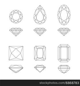 Diamond and gemstone shapes.. Diamonds cut line drawings in top and side views. Vector gemstone shapes.