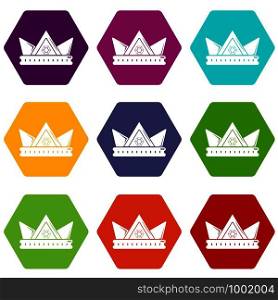 Diamond crown icons 9 set coloful isolated on white for web. Diamond crown icons set 9 vector