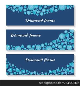 Diamond Frame Templates Set. Jewelry Diamonds. Diamond frame templates set. Jewelry diamonds of different size. Luxury jewels concept. Precious stones on dark blue background. For flyers, posters, greeting cards, banners. Vector illustration