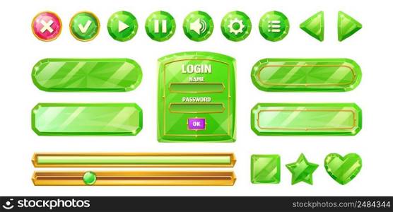 Diamond game menu interface, green crystal ui buttons. Cartoon glossy gui elements, progress bar, user settings panel, slider, star, heart, pause and arrows login and password board, Vector icons set. Diamond game menu interface, crystal ui buttons