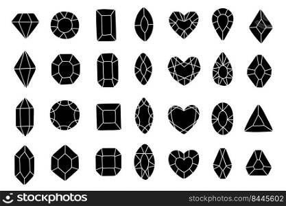Diamond gems jewelry, crystals collection, black and white icon set vector illustration