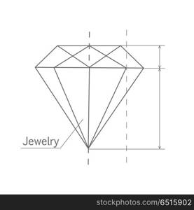 Diamond Graphic Scheme. Diamond graphic scheme. Diamond shape. Blueprint outline jewelry gem. Craft jewelry making. A handmade jeweler process, manufacture of jewelery. Isolated vector illustration on white background.