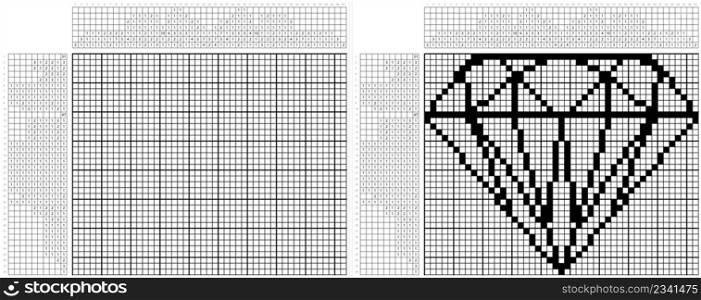 Diamond Icon Nonogram Pixel Art, Precious Stone, Diamond Shape Cut Face Vector Art Illustration, Logic Puzzle Game Griddlers, Pic-A-Pix, Picture Paint By Numbers, Picross
