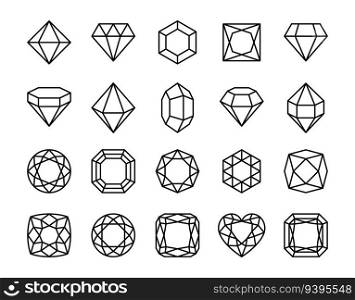 Diamond icons. Jewels diamonds, crystal gems, luxury gemstones. Brilliant faceted gem abstract shapes editable stroke, line icon isolated vector set. Precious stones of different shapes. Diamond icons. Jewels diamonds, crystal gems, luxury gemstones. Brilliant faceted gem abstract shapes editable stroke, line icon isolated vector set