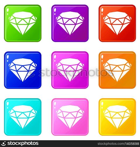 Diamond icons set 9 color collection isolated on white for any design. Diamond icons set 9 color collection