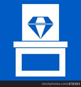 Diamond in box icon white isolated on blue background vector illustration. Diamond in box icon white