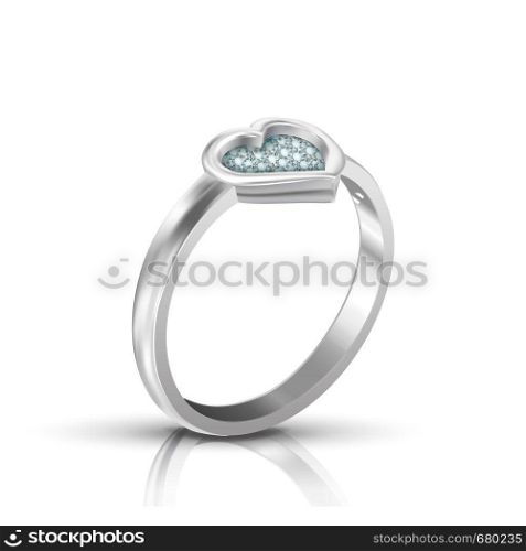 Diamond In Shape Of Heart Form On Ring Vector. Romantic Present Gift For Loving Woman Ring With Engraved Gemstone On Anniversary Wedding Day. Luxury Accessory Realistic 3d Illustration. Diamond In Shape Of Heart Form On Ring Vector