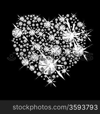 Diamond jewelery heart concept with black background and glittering jewels