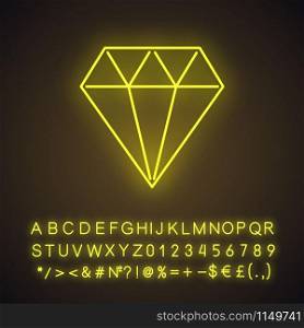 Diamond neon light icon. Crystal. Decorative brilliant. Jewelry element. Geometric figure. Abstract shape. Isometric form. Glowing sign with alphabet, numbers and symbols. Vector isolated illustration