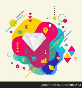 Diamond on abstract colorful spotted background with different elements. Flat design.